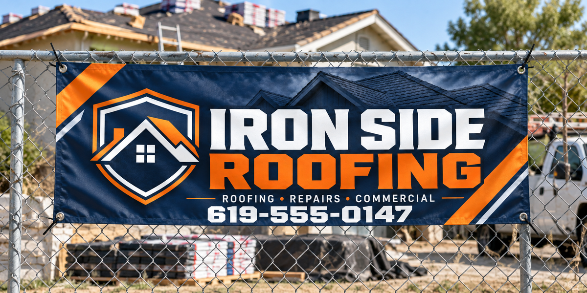 Custom roofing vinyl banner mounted on a worksite fence